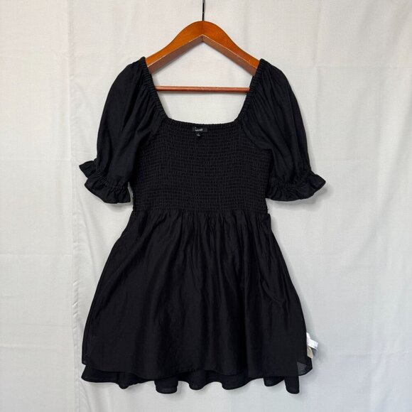 Madewell Black Linen-Blend Lucie Short Puff Sleeve Smocked Mini Dress Size L - Picture 11 of 15